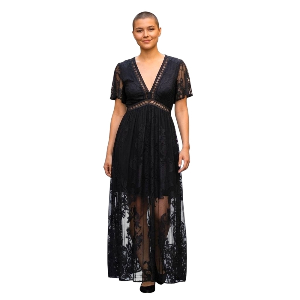 Y2K Symphony Maxi Dress M Black Mesh Floral Lace Whimsigoth Unconventional Lace